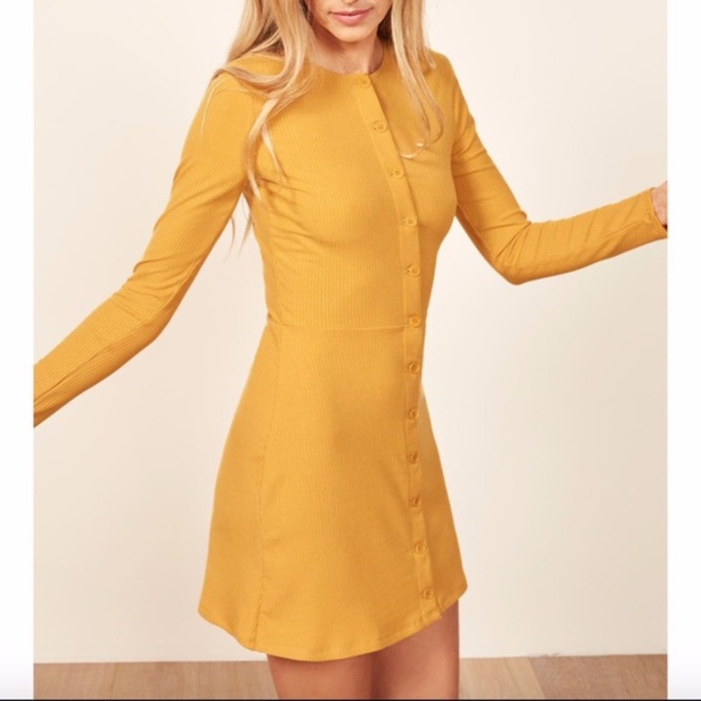 BOGO Reformation Aida Mustard Ribbed Button dress